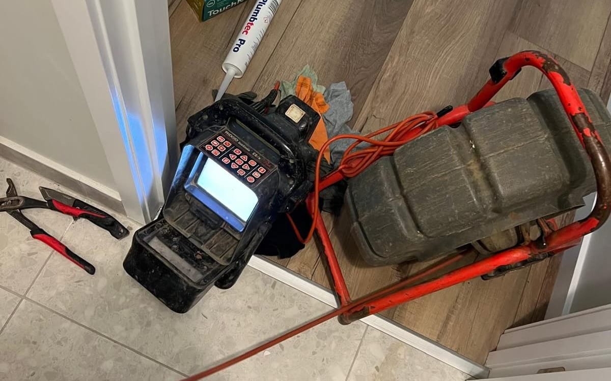CCTV drain inspection camera and monitor set up on a job